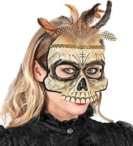 E-Carnavalskleding.nl Kinloos masker voodoo schedel met veren Maud