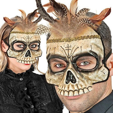 E-Carnavalskleding.nl Kinloos masker voodoo schedel met veren Maud
