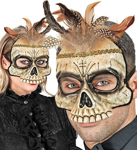 E-Carnavalskleding.nl Kinloos masker voodoo schedel met veren Maud