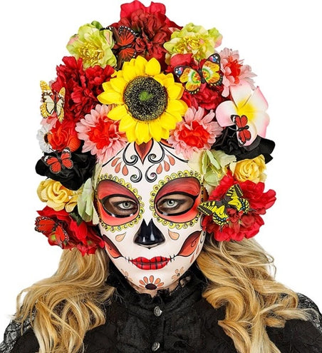 E-Carnavalskleding.nl Masker dag van de doden met zonnebloemen en gekleurde bloemen Lotte