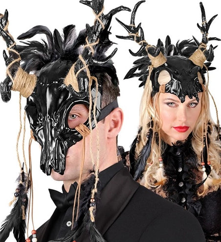 E-Carnavalskleding.nl Masker sjamaan schedel stier met zwarte veren Sem