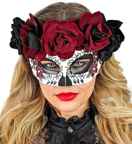 E-Carnavalskleding.nl Oogmasker dag van de doden met zwarte en rode rozen Lynn
