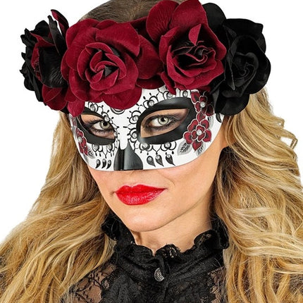 E-Carnavalskleding.nl Oogmasker dag van de doden met zwarte en rode rozen Lynn