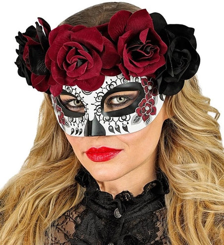 E-Carnavalskleding.nl Oogmasker dag van de doden met zwarte en rode rozen Lynn