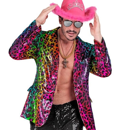 E-Carnavalskleding.nl Paillettencolbert regenboog luipaard