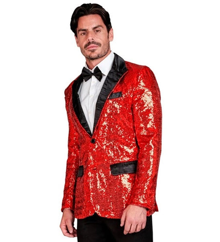 E-Carnavalskleding.nl Paillettencolbert rood met satijnen revers/zakken