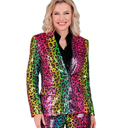 E-Carnavalskleding.nl Paillettenjas luipaard regenboog