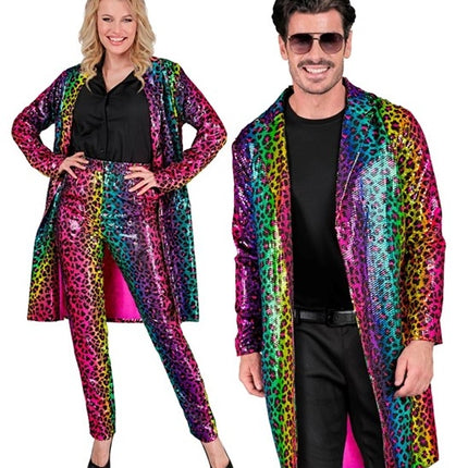E-Carnavalskleding.nl Paillettenjas regenboog luipaard