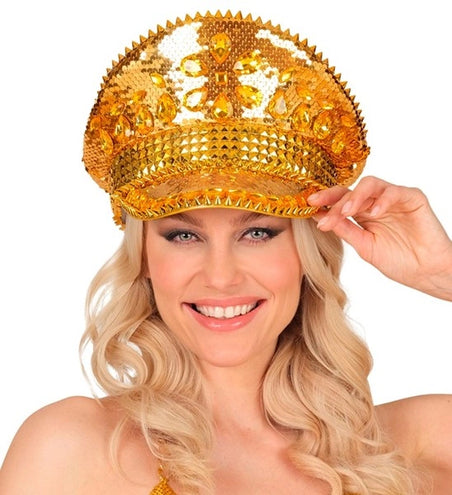 E-Carnavalskleding.nl Pet met juwelen en pailletten goud hoed Roos