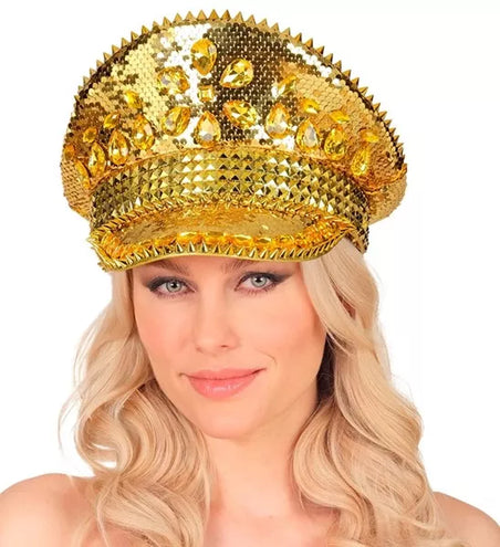 E-Carnavalskleding.nl Pet met juwelen en pailletten goud hoed Roos