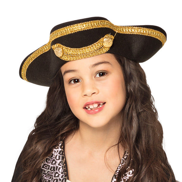 E-Carnavalskleding.nl Piratenhoed zwart goud kind driesteek