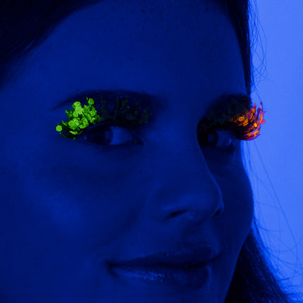 E-Carnavalskleding.nl PXP fluorescerende glitter wimpers Bi-color geel en groen