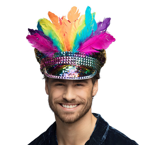 E-Carnavalskleding.nl Regenboog glitter pet met veren
