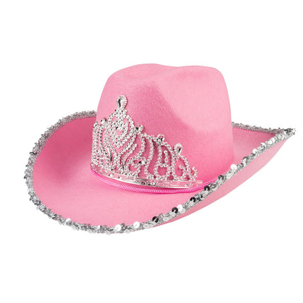 E-Carnavalskleding.nl Roze cowboyhoed met kroon glimmer