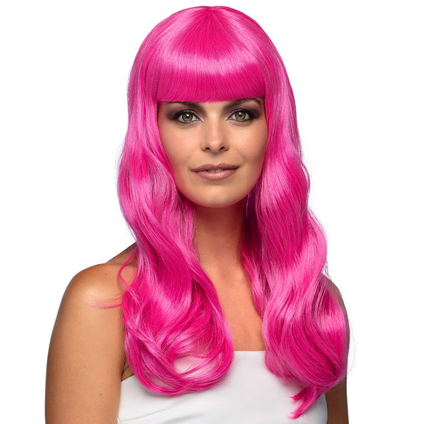 E-Carnavalskleding.nl Roze pruik lang golvend haar Chique icy
