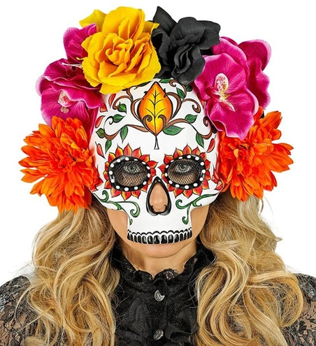E-Carnavalskleding.nl Schedelmasker dag van de doden met gekleurde bloemen Anouk