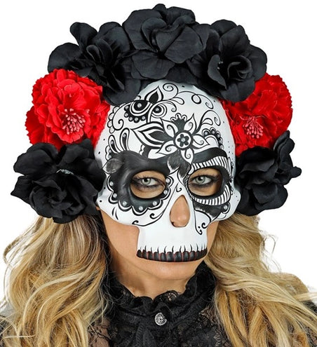 E-Carnavalskleding.nl Schedelmasker dag van de doden met zwarte en rode rozen Noah