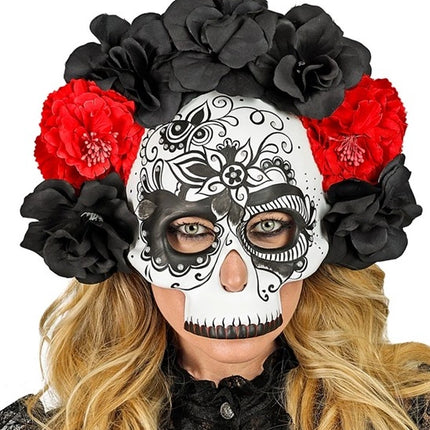 E-Carnavalskleding.nl Schedelmasker dag van de doden met zwarte en rode rozen Noah