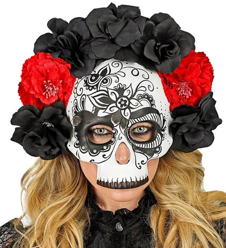 E-Carnavalskleding.nl Schedelmasker dag van de doden met zwarte en rode rozen Noah