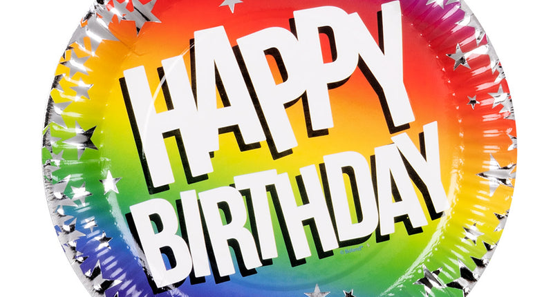 E-Carnavalskleding.nl Set 10 papieren bordjes Rainbow 'Happy birthday'