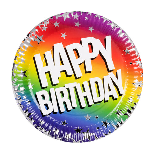 E-Carnavalskleding.nl Set 10 papieren bordjes Rainbow 'Happy birthday'