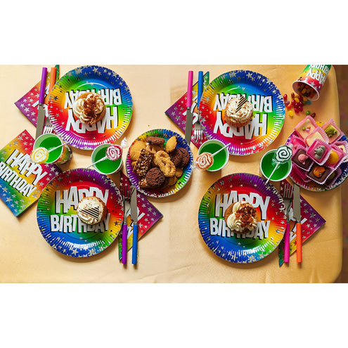 E-Carnavalskleding.nl Set 10 papieren bordjes Rainbow 'Happy birthday'