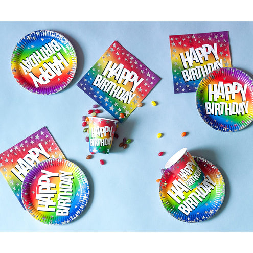 E-Carnavalskleding.nl Set 10 papieren bordjes Rainbow 'Happy birthday'