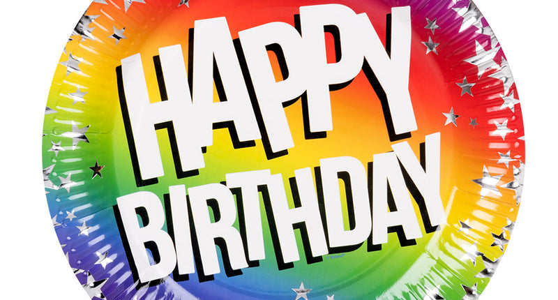 E-Carnavalskleding.nl Set 10 papieren bordjes Rainbow 'Happy birthday' (XL)