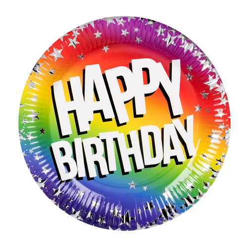 E-Carnavalskleding.nl Set 10 papieren bordjes Rainbow 'Happy birthday' (XL)
