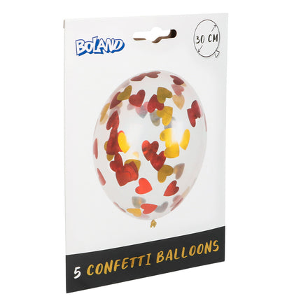 E-Carnavalskleding.nl Set 5 confettiballonnen Hartjes rood/goud