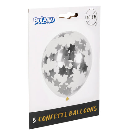 E-Carnavalskleding.nl Set 5 confettiballonnen Sterren zilver