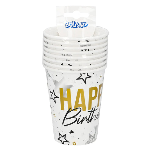 E-Carnavalskleding.nl Set 8 papieren bekertjes 'Happy birthday'