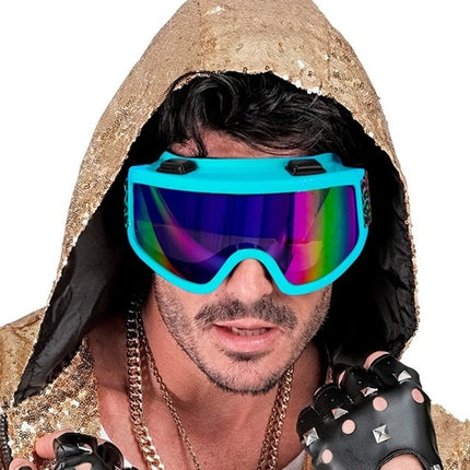E-Carnavalskleding.nl Ski-bril 80's blauw regenboog luipaardprint Pim