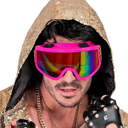 E-Carnavalskleding.nl Ski-bril 80's roze regenboog tijgerprint Anouk