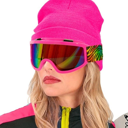 E-Carnavalskleding.nl Ski-bril 80's roze regenboog tijgerprint Anouk