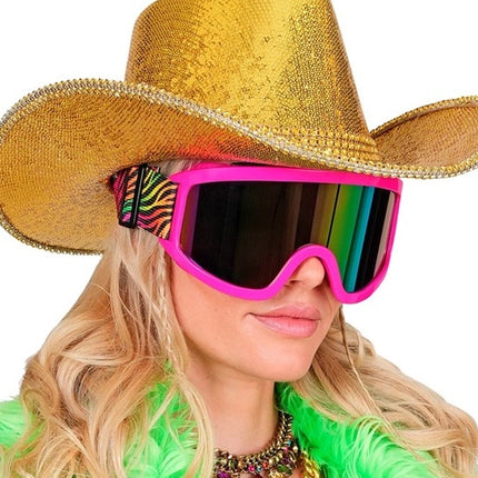 E-Carnavalskleding.nl Ski-bril 80's roze regenboog tijgerprint Anouk