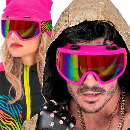 E-Carnavalskleding.nl Ski-bril 80's roze regenboog tijgerprint Anouk