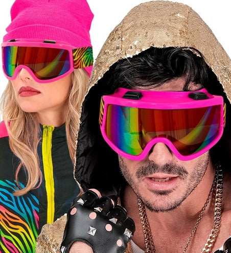 E-Carnavalskleding.nl Ski-bril 80's roze regenboog tijgerprint Anouk