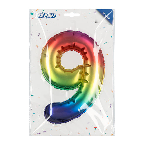 E-Carnavalskleding.nl Sticker Folieballon '9' regenboog