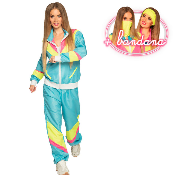 E-Carnavalskleding.nl Trainingspak Retro babe neon blauw