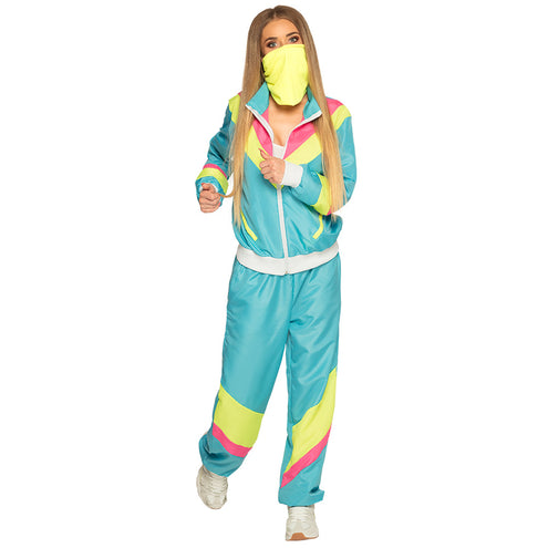 E-Carnavalskleding.nl Trainingspak Retro babe neon blauw