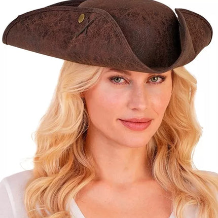 E-Carnavalskleding.nl Tricorn hoed verweerd leer bruin Julia