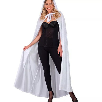 E-Carnavalskleding.nl Wit fluwelen cape met kap 140cm Bente