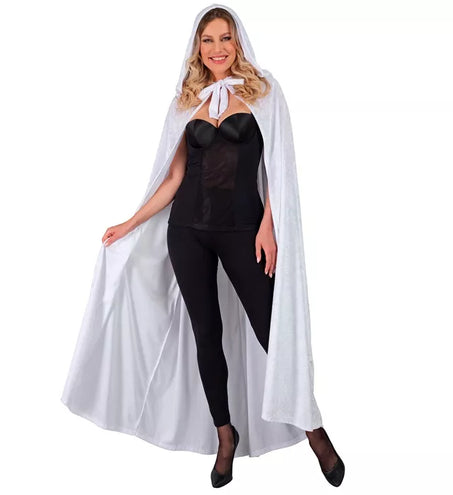 E-Carnavalskleding.nl Wit fluwelen cape met kap 140cm Bente