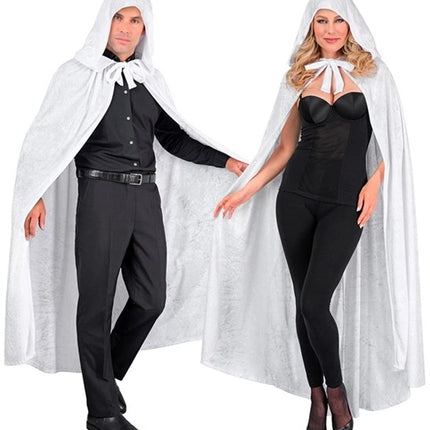 E-Carnavalskleding.nl Wit fluwelen cape met kap 140cm Bente