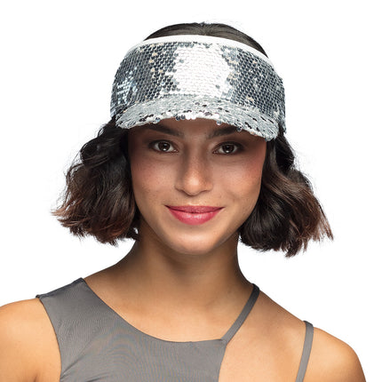 E-Carnavalskleding.nl Zilveren zonneklep glitter pailletten