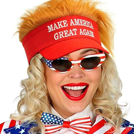 E-Carnavalskleding.nl Zonneklep met pluche haar "make america great again" Teun