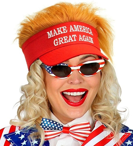 E-Carnavalskleding.nl Zonneklep met pluche haar "make america great again" Teun
