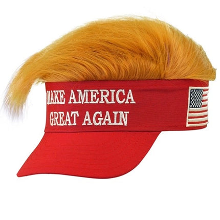 E-Carnavalskleding.nl Zonneklep met pluche haar "make america great again" Teun