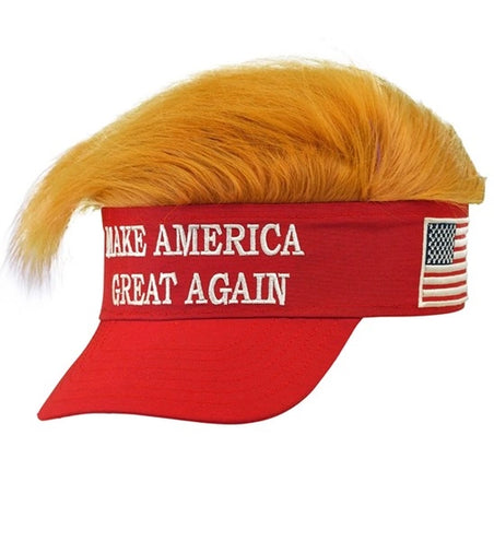 E-Carnavalskleding.nl Zonneklep met pluche haar "make america great again" Teun